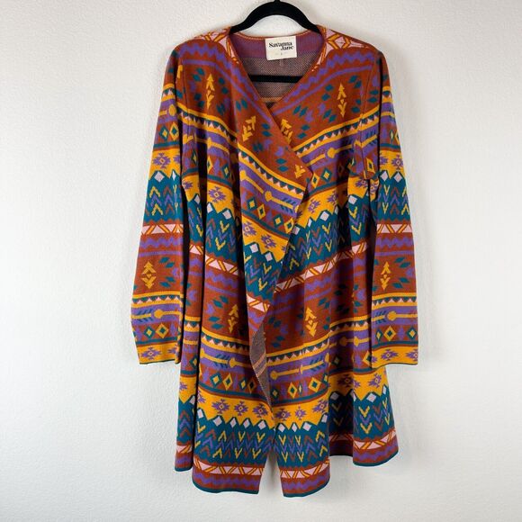 Savanna Jane Aztec Long Cardigan Womens Large Patterned Knit Boho Navajo Tribal - Picture 1 of 15